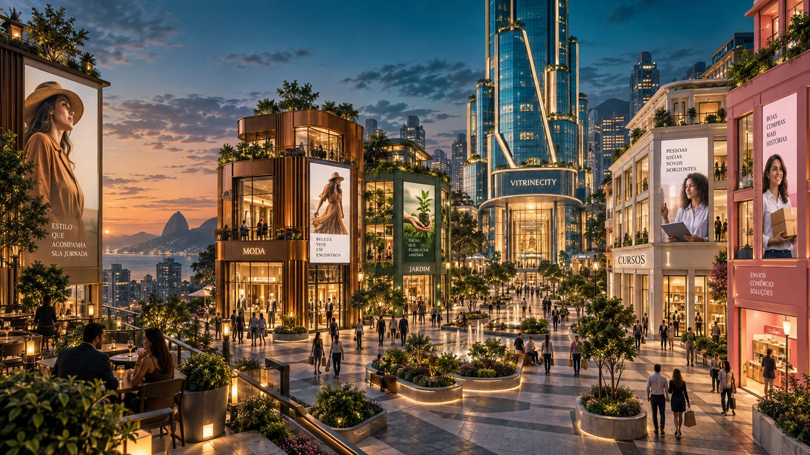 Visão conceitual de uma avenida com lojas iluminadas e uma torre VitrineCity