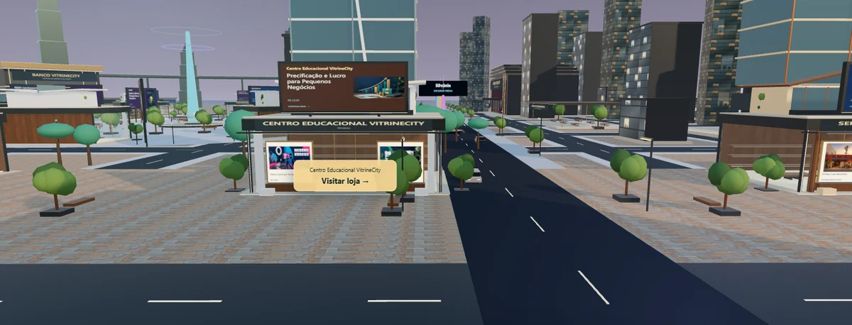 Captura real da cidade 3D: Centro Educacional VitrineCity, ruas, árvores e fachadas