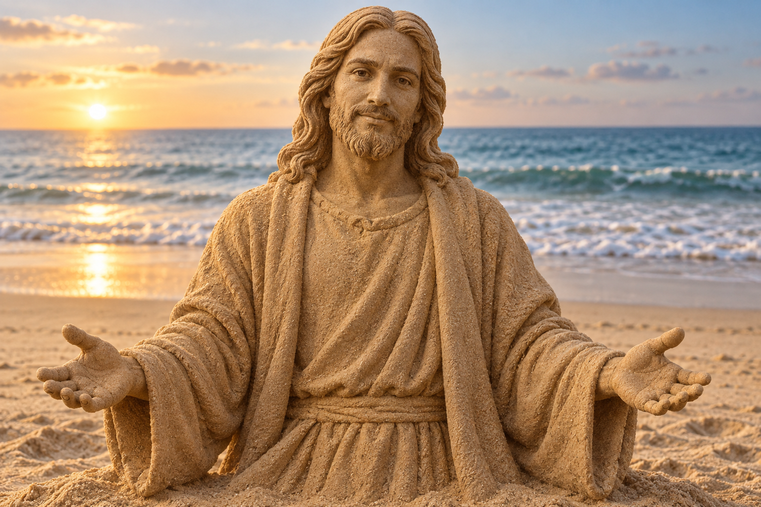 Arte digital de Jesus representado como uma escultura de areia, com as mãos abertas junto ao mar.